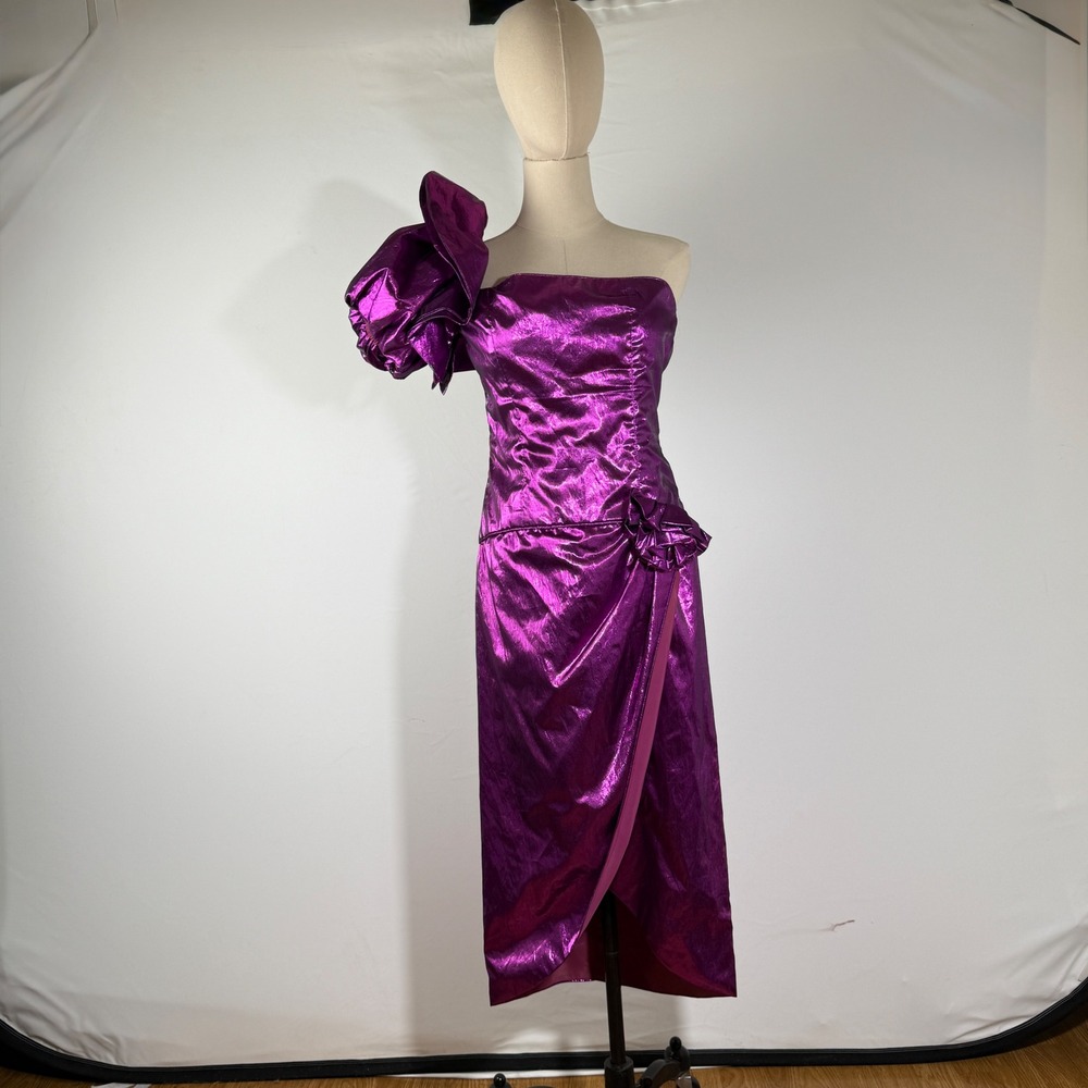 Vintage 80s Metallic Purple One Shoulder Puff Sleeve Cocktail Dress Tag L Fits M